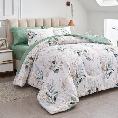 Joyreap 7 Piece Bed in a Bag California King, Green Leaves Print on White Botanical Design, Microfiber Floral Bedding Comforter Set for All Season