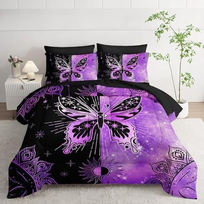 7Pcs Animals Comforter Set Black Purple Butterfly Printed Bedding Set with 1 Comforter, 1 Flat Sheet, 1 Fitted Sheet and 4 Pillowcases for Boys and Girls Bedroom (Butterfly-3 Queen