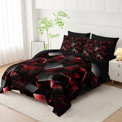 Nttopship Red and Black Geometric Comforter Set Full Size 7PCS,Abstract Triangular Printed Bedding Set for Adults,Geometric Mordern Art Decor All Seasons with Pillowcases,Flat, Fitted Sheet