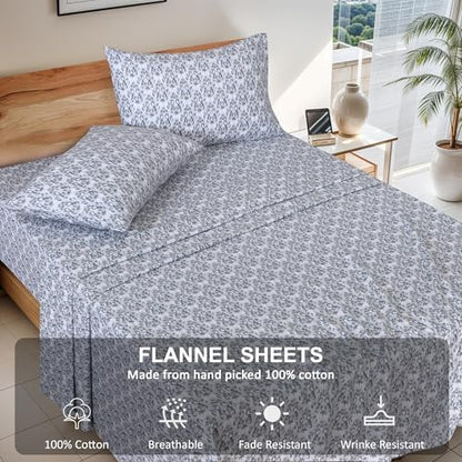 RUVANTI Flannel Sheets Set King Size, Damask