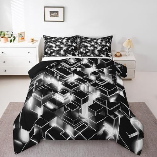 Feelyou Neon Grey Black Comforter Set for Kids Boys Girls Honeycomb Comforter Queen Size Hexagonal Bedding Set Bedroom Decor Modern Duvet Set Quilt Set 3Pcs