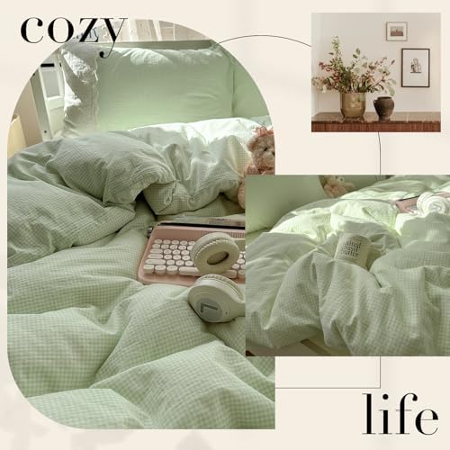 LifeTB Green Gingham Comforter Set Twin XL Romantic Lace Design Vintage Plaid Checkered Pattern Comforter with 2 Pillowcases Green Plaid Grid Bedding Comforter Set Fluffy Soft Gingham Bedding Set