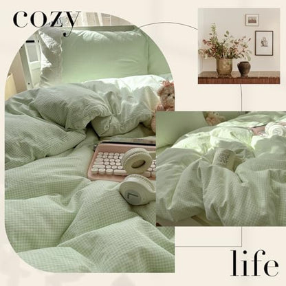 LifeTB Green Gingham Comforter Set Twin XL Romantic Lace Design Vintage Plaid Checkered Pattern Comforter with 2 Pillowcases Green Plaid Grid Bedding Comforter Set Fluffy Soft Gingham Bedding Set