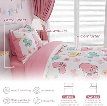 SANDJEST Butterfly Full Bedding Sets for Girls, Ultra Soft Microfiber Comforter Set with 4-Pieces, Bed Sets for Kid Tween Teen Bedroom Decor