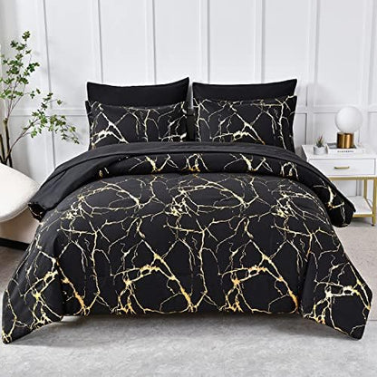 Yogeneg Gold Metallic Marble Comforter Set Queen Size,7 Piece Bed in a Bag,Foil Print Glitter Black Comforter and Sheet Set,All Season Soft Microfiber Complete Bedding Sets(Black,Queen)
