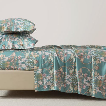 FADFAY Premium 100% Cotton Percale King Sheet Set, Teal Botanical Floral