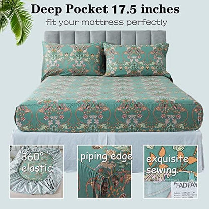 FADFAY Full Size Sheet Sets Shabby Vintage Floral Bed Sheet Percale Cotton Chic Teal Blue Orange American Country Style Bedding Luxury Super Soft Breathable Crisp Bed Deep Pocket Fitted Sheet 4 Pcs