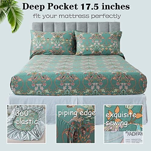 FADFAY California King Sheet Set Shabby Floral Vintage Bed Sheets Percale Cotton Chic Teal Blue Orange American Country Bedding Luxury Soft Breathable Bed Deep Pocket Fitted Sheet 4Pcs, Cal King