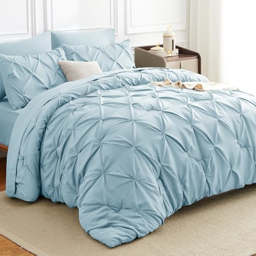 HIMEET Queen Comforter Set Light Blue - 7 Pieces Pintuck Bed in a Bag