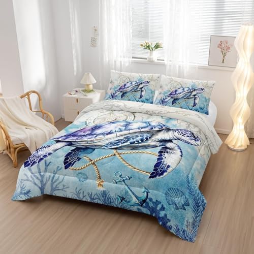 Nttopship Sea Turtle Comforter Bedding Set with 2 Pillowcase Full Size Ocean Comforter Set for Kids Boys Girls Bedroom Decor
