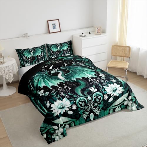Feelyou Kids Dragon Comforter Set Toddler Size, Green Dragon Bedding Set Dragon Lovers Comforter for Kids Boys Girls Boho Duvet Insert Room Decor 2Pcs