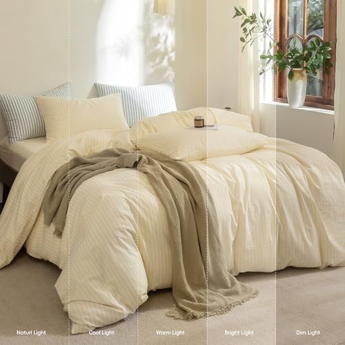 FOSSA Striped Duvet Cover Set 100% Washed Cotton Linen Feel California King