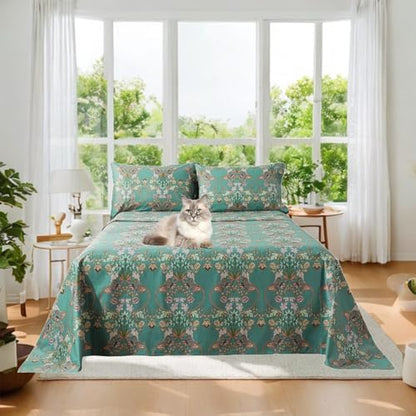 FADFAY Twin XL Floral Sheets for College Students Percale Cotton Chic Teal Blue Orange Bed Sheet Set Shabby Vintage American Country Bedding Dorm Room Soft Breathable Deep Pocket Fitted Sheet 4Pcs