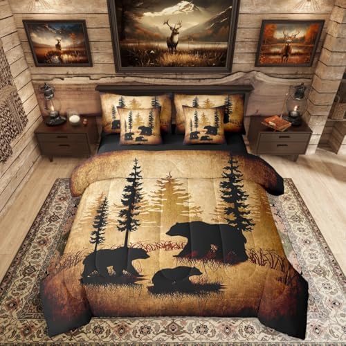 Erosebridal Bear 7 Piece Bedding Set Twin Size,Cabin Hunting Themed Bed in a Bag,Wild Animal Bed Set Includes Comforter, Sheet Set, Pillowcases & Pillow Covers All Season Bedroom Decor