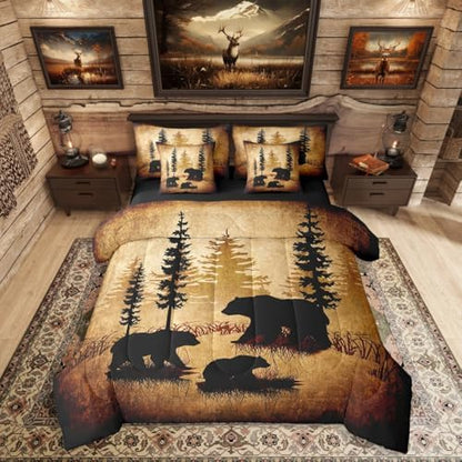 Erosebridal Bear 7 Piece Bedding Set Twin Size,Cabin Hunting Themed Bed in a Bag,Wild Animal Bed Set Includes Comforter, Sheet Set, Pillowcases & Pillow Covers All Season Bedroom Decor