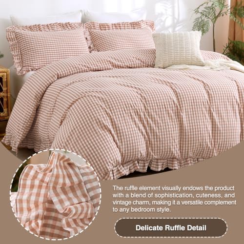 ATsense Pink Brown Gingham Ruffle Duvet Cover Set Cotton Like Linen, King