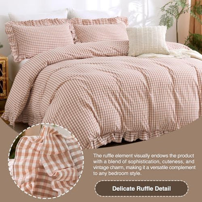ATsense Pink Brown Gingham Ruffle Duvet Cover Set Cotton Like Linen, King