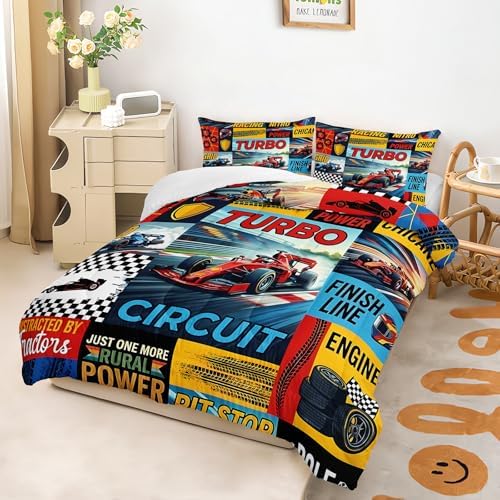 AILONEN Formula Racing Bedding 3 Piece Ensemble Sport Graphic Printed Microfiber Comforter Hidden Stitching Master Guest Room Bedspread