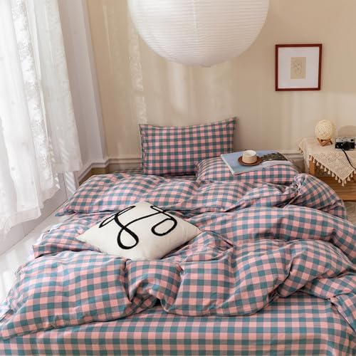 Checkered Comforter Set King Size Purple Pink Plaid Bedding Comforter Cotton Fabric with Microfiber Inner Fill Soft Fluffy Bed Set 3 Pieces Grid Bedding Checkered Pattern Comforter with 2 Pillowcases
