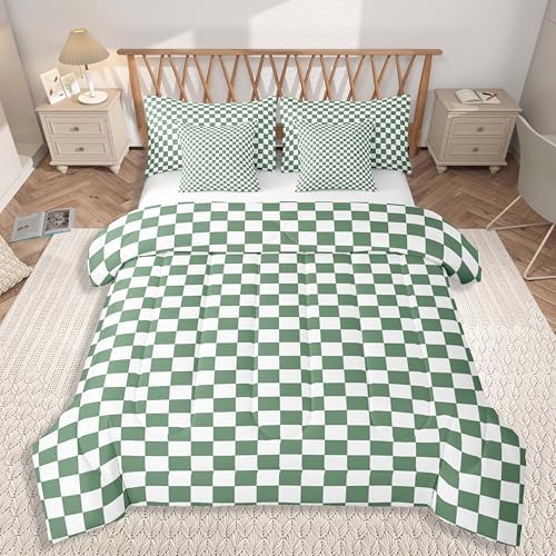 jejeloiu Green and White Comforter Set with Sheets 7 Piece Twin Size
