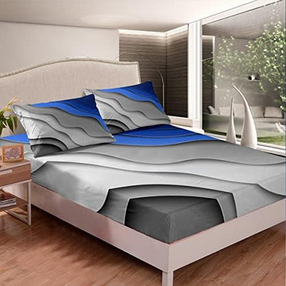 Feelyou Abstract Ombre Bed Sheets Men Adults Teens Ocean Waves Striped Blue Grey White Sheet Set Kids Boys Girls Modern Gradient Contemporary Bed Set Bedroom Collection 4Pcs Queen Size
