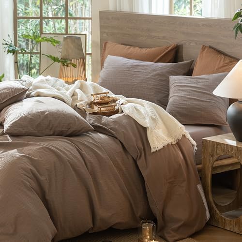 MooMee Wavy Striped Duvet Cover Set 100% Washed Cotton Linen Like Textured Breathable Durable Soft Comfy (Brown, Alaska King 132"x120")