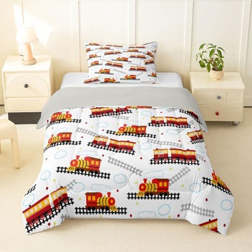 Feelyou Red Vintage Train Comforter Set Toddler Size Retro Steam Locomotive Down Bedding Set for Kids Boys Girls Transportation Vehicles Duvet Quilt Bedroom Decor Microfiber 2 Pcs with 1 Pillow Case