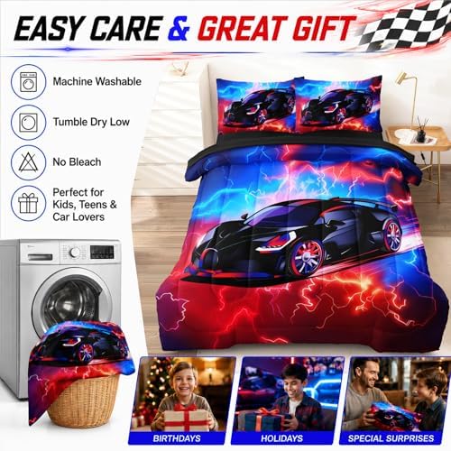 5 Pcs Car Comforter Sets for Boys, Cool Blue Red Lightnings Bed in A Bag Full Size Car Bedding Set for Boys Teens