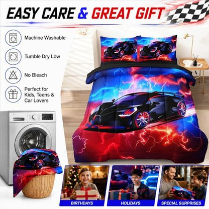 5 Pcs Car Comforter Sets for Boys, Cool Blue Red Lightnings Bed in A Bag Full Size Car Bedding Set for Boys Teens