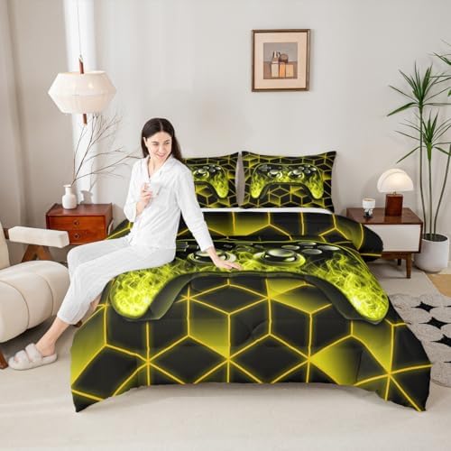 Yellow Kids Bedding Sets for Gamer Boys, Neon Geometric Twin Comforter Set, 3D Geometric Kids Twin Bedding Set with Flame Game Consoles Gamer Decor