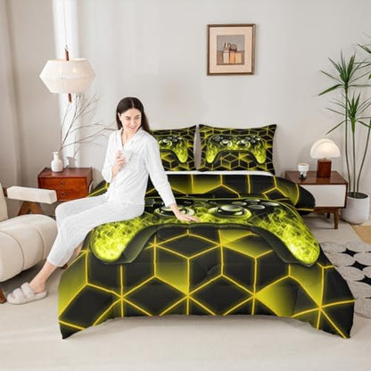 Yellow Kids Bedding Sets for Gamer Boys, Neon Geometric Twin Comforter Set, 3D Geometric Kids Twin Bedding Set with Flame Game Consoles Gamer Decor