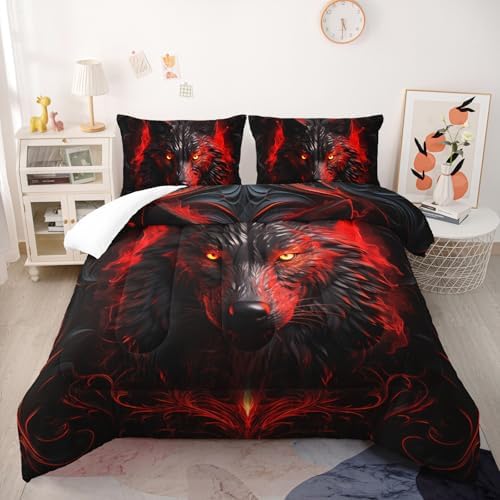 Nttopship Wolf Printed Bedding Set, Wolf Comforter Set King Size,Boys Bedding Set 100% Soft Ultra-fine Fiber Four Season Red Flame with 1 Comforter and 2 Pillow Case