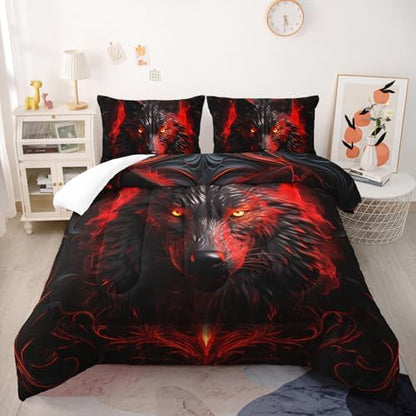 Nttopship Wolf Printed Bedding Set, Wolf Comforter Set King Size,Boys Bedding Set 100% Soft Ultra-fine Fiber Four Season Red Flame with 1 Comforter and 2 Pillow Case