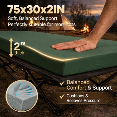 CYMULA Camping Cot Pad 2 Inch Memory Foam, Pad Only,Camping Pad for Folding Cot and Foldable Cot, Portable Roll Up Camp Gear for Car Camping Travel Tent, Non-Slip Waterproof Bottom, Removable Cover