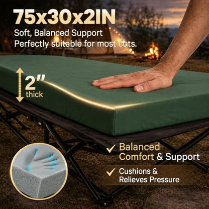 CYMULA Camping Cot Pad 2 Inch Memory Foam, Pad Only,Camping Pad for Folding Cot and Foldable Cot, Portable Roll Up Camp Gear for Car Camping Travel Tent, Non-Slip Waterproof Bottom, Removable Cover