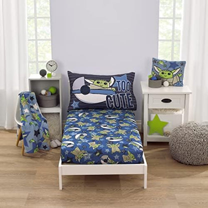 NoJo Star Wars The Child Cutest in The Galaxy Blue, Green, and Gray Grogu and Hover Pod 2 Piece Toddler Sheet Set - Fitted Bottom Sheet and Reversible Pillowcase