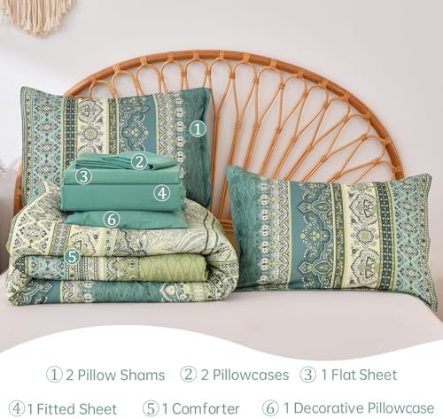 Cottolester Boho Full Comforter Set,Green Paisley Striped Bed in A Bag