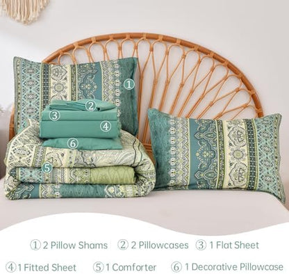 Cottolester Boho Full Comforter Set,Green Paisley Striped Bed in A Bag