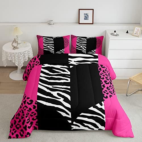 Castle Fairy Girls Leopard Zebra Comforter Set Queen Size Pink Wild Animals Fur Bedding Sets 3pcs for Kids Women Youth Room Decor Romantic Heart Abstract Quilted Duvet Patchwork Bedspread
