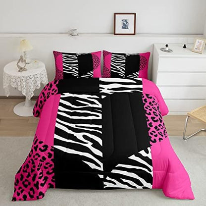 Castle Fairy Girls Leopard Zebra Comforter Set Queen Size Pink Wild Animals Fur Bedding Sets 3pcs for Kids Women Youth Room Decor Romantic Heart Abstract Quilted Duvet Patchwork Bedspread