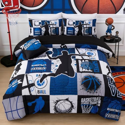 Aimuan Sports Geometric Grid Black Patchwork Basketball Printed for Boys Twin 6Pcs Bed in A Bag Black and Blue Comforter Bedding Set Twin Size, Blue