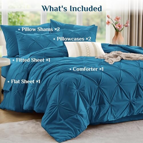 JOLLYVOGUE Queen Comforter Set 7 Pieces - Bed in a Bag Queen for All Season, Pintuck Bedding Comforter Sets with Comforter, Flat Sheet, Fitted Sheet and Pillowcases & Shams, Teal