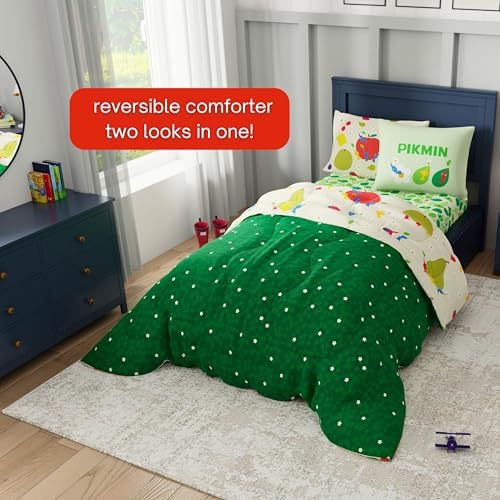 Nintendo Pikmin Game Kids Bedding Set, Twin Size 5 Piece Comforter and Sheet Set with Sham, (Officially Licensed Product) by Franco