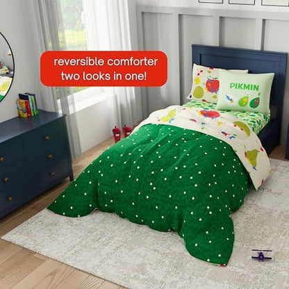 Nintendo Pikmin Game Kids Bedding Set, Twin Size 5 Piece Comforter and Sheet Set with Sham, (Officially Licensed Product) by Franco