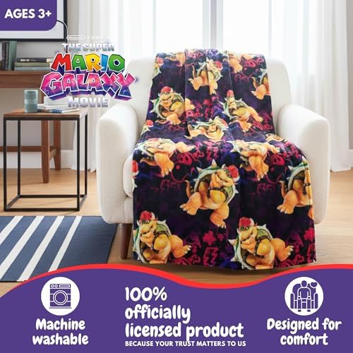 The Super Mario Galaxy Movie Kids Throw Blanket, Boswer Koopa, 46 in x 60 in Soft Cozy Decorative Blanket for Couch, Bed, or Gaming Room (Officially Licensed Product) by Franco