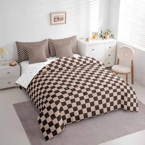 jejeloiu Brown Bedding Set 7Pcs King Size Kids Buffalo Plaid Comforter Set with Sheets for Boys Girls Checkered Grid Bed in a Bag Soft Lightweight,Microfiber