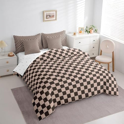 jejeloiu Brown Bedding Set 7Pcs King Size Kids Buffalo Plaid Comforter Set with Sheets for Boys Girls Checkered Grid Bed in a Bag Soft Lightweight,Microfiber