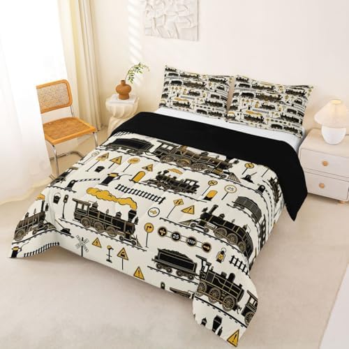 Erosebridal Cartoon Steam Train Kids Comforter Sets Funny Train Full Bedding Set for Boys Girls Retro Transport Vehicle Comforter Set Steampunk Railway Aesthetic Quilt Duvet 3 Pcs