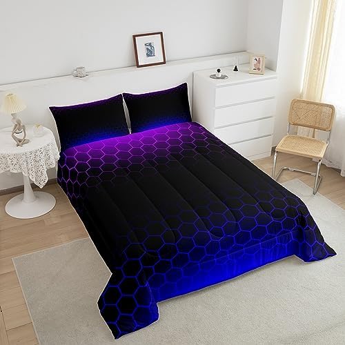 Honeycomb Bedding Set Queen Size, Purple Blue Ombre Comforter Geometrics Hexagon Comforter Set for Kids Boys Girls Beehive Hexagon Duvet Set Breathable Room Decor Microfiber Bed Set