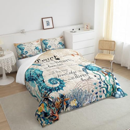 Homewish Seahorse Turtle Comforter Set Queen Size,Nautical Anchor Lighthouse Bedding Sets for Kids Girls Boys Teens Room Decor,Ocean Animals Quilt Set Vintage Bible Quotes Duvet Insert,2 Pillowcases